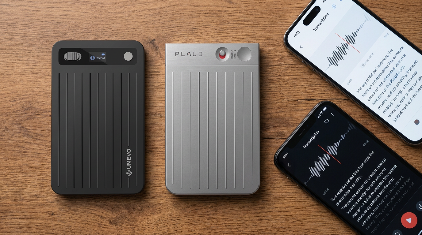 A flat-lay comparison of various AI voice recorders including UMEVO Note Plus, Plaud Note, and smartphones displaying transcription apps on a wooden desk.
