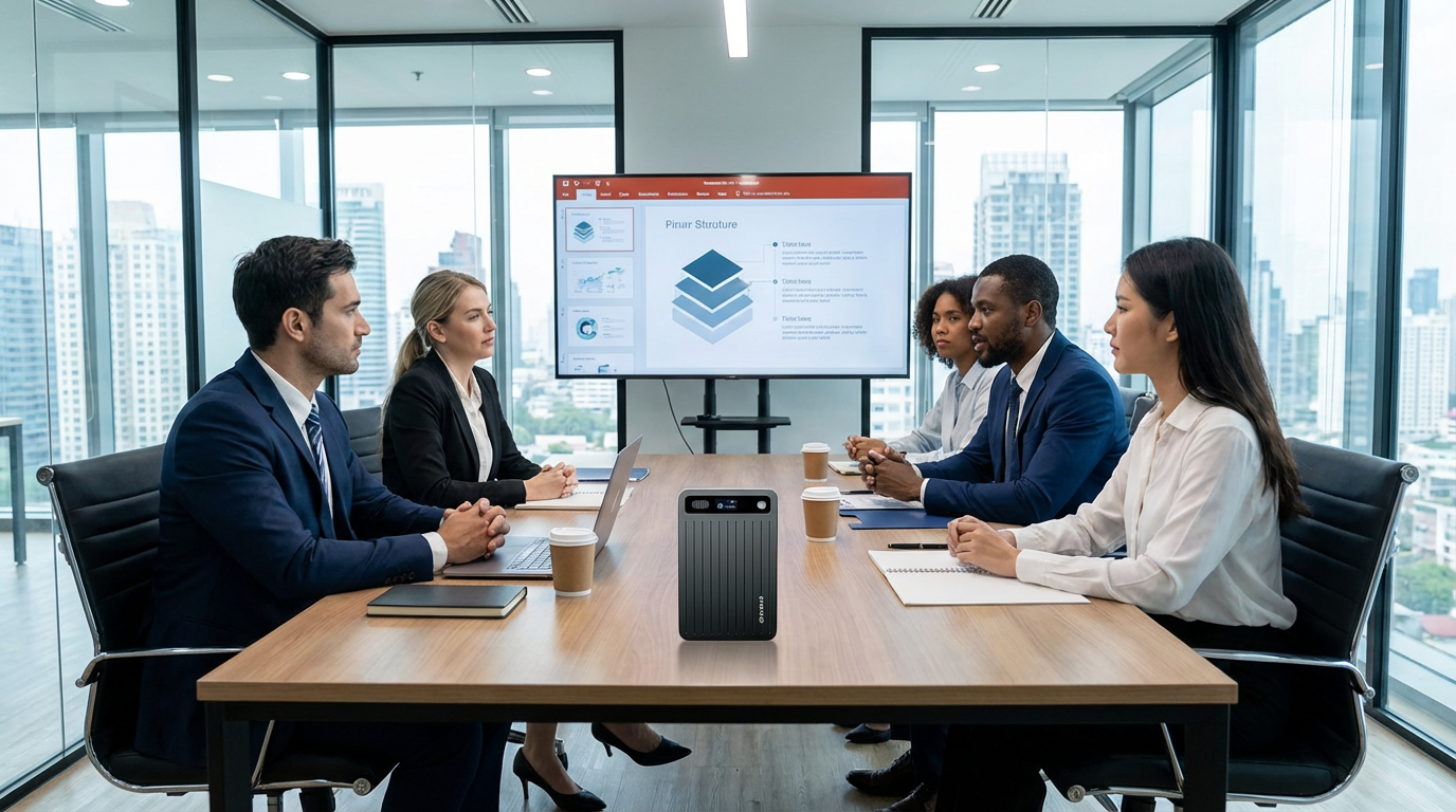 A professional team in a modern conference room using an AI voice recorder on the table