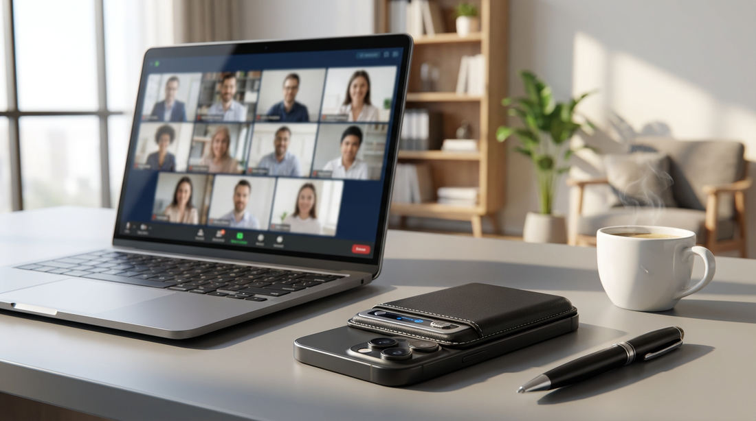 UMEVO Note Plus AI voice recorder attached to an iPhone recording a conference call on a laptop screen.